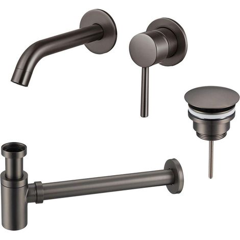 Fortifura Calvi Slim Kit mitigeur lavabo - robinet encastrable - bonde non-obturable - siphon design bas - PVD Gunmetal