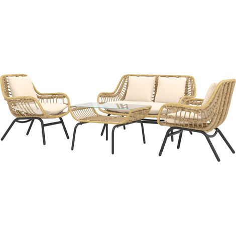 Outsunny 4-teiliges Gartenmöbelset für 4 Personen, exotisches Design, epoxidbeschichtetes Metall und Harzoberfläche, inklusive bequemer Kissen, beigefarbenes Polyester