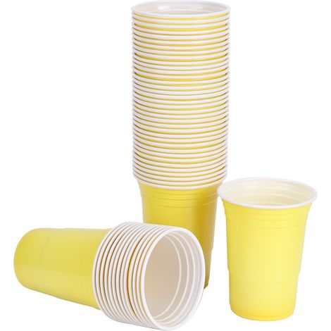 Lot de 50 gobelets jetables en plastique de 450 ml, jaunes, pour jeux et fêtes (idéal pour les bars et les soirées). (1/5)