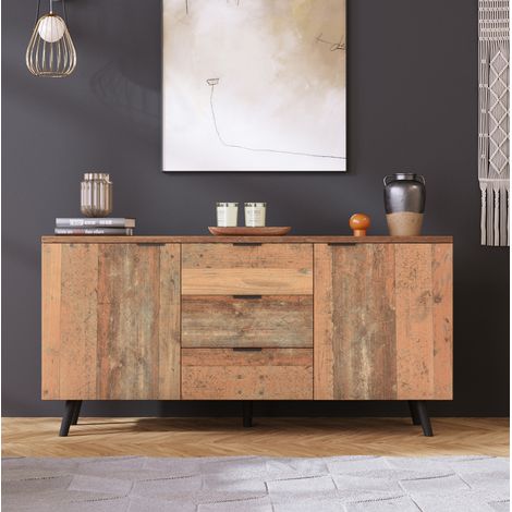 Aparador para TV 140x35x70 cm marrón antiguo en tablero de partículas con 3 cajones y estantes ajustables (1/5)