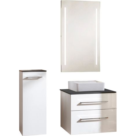 Fackelmann OXFORD Badmöbel Set 5 Teile / Waschbecken / Waschtischunterschrank mit 2 Schubladen / Waschtischplatte schwarz / Midischrank / LED-Spiegel / Korpus & Front: Weiß / Breite ca. 60 cm"-"900001 (1/5)