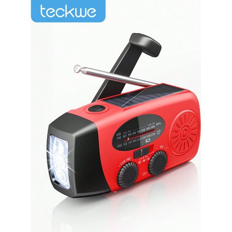 Ein handbetriebenes Radio, ein solarbetriebenes Notfallradio mit AM/FM-Empfang, ausgestattet mit einem 2000-mAh-Akku und einer hellen Taschenlampe, geeignet für Notfälle und den Einsatz im Freien.