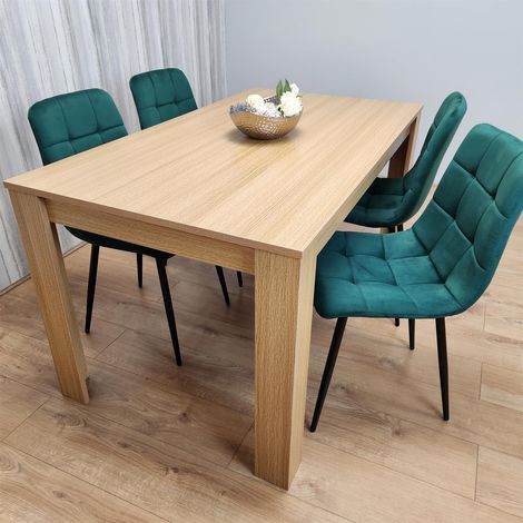 Dining Set of 4 Oak Effect Dining Table and 4 Green Velvet Chairs Dining Room Furniture (1/5)