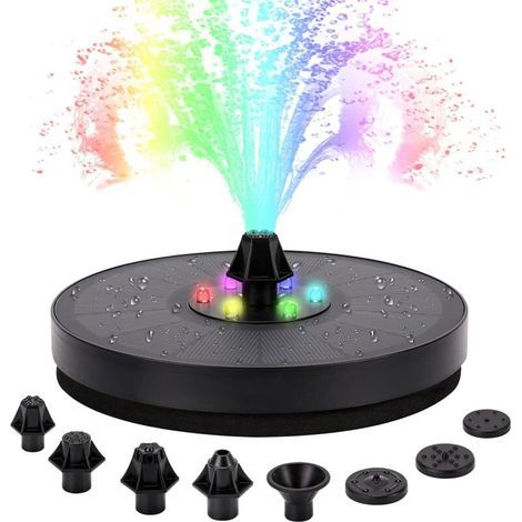 Fontaine solaire, pompe de fontaine solaire avec batterie de stockage et lumière LED, fontaine extérieure flottante à 7 buses pour jardin (1/5)