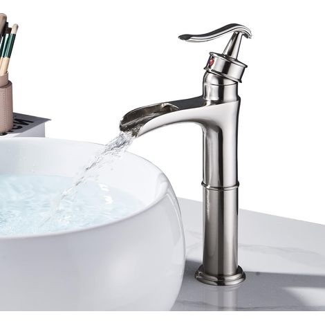 Grifo para lavabo de baño Grifo monomando para lavabo de una sola manija en cascada para lavabo o lavabo Grifos de baño montados en cubierta de un solo orificio de latón Acero inoxidable (1/5)