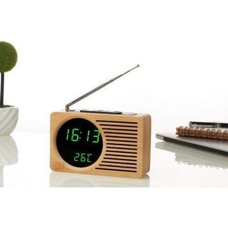 Radio de chevet rétro en bambou véritable, réveil électronique silencieux avec miroir, horloge lumineuse verte, cadeau original, dimensions 16,5 x 4,5 x 9 cm (1/3)