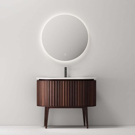 Mobile Bagno 100 cm A Terra Noce Scuro Specchio Tondo Retroilluminato - Reid (1/4)