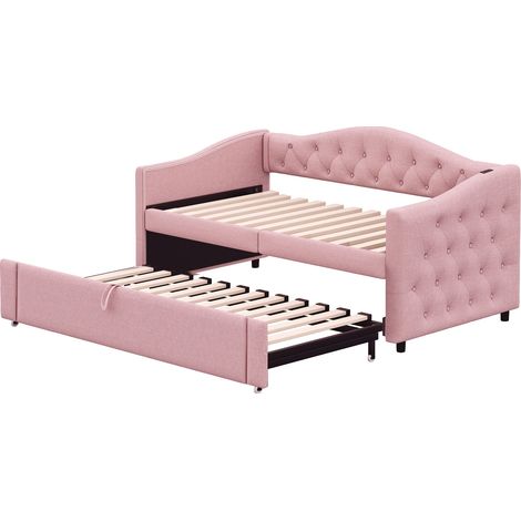 Canapé-lit extensible rembourré, 90200 cm, avec port USB, forme classique à boutons avec sommier à lattes, lit multifonction - lit d’appoint, tissu en lin, rose (matelas non inclus) (1/5)