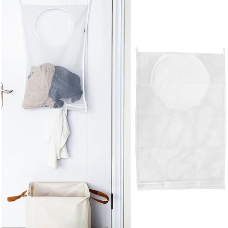 [Filet de rangement mural pour linge et jouets] Sac de lessive en nylon blanc épais (74x47cm) avec 2 crochets - Capacité grande pour salle de bain, placard, chambre (1/5)
