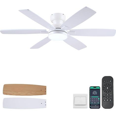Ventilateur de plafond 132 cm avec lumière, bas profil encastrable, télécommande et APP, 6 pales réversibles, 3 températures de couleur dimmables, moteur silencieux pour chambre d’enfant, blanc (1/5)