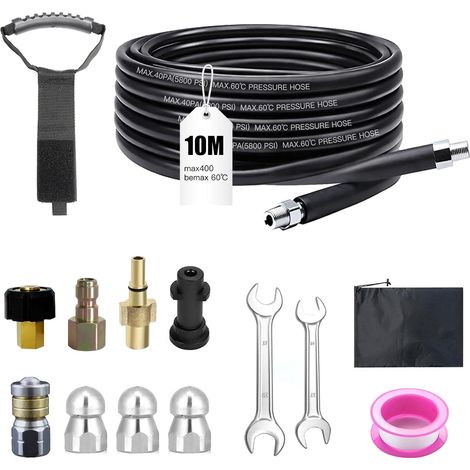 Kit de tuyau de nettoyage de canalisations universel haute pression, 400 bar, 140 °C, avec adaptateur et buses, compatible avec Kärcher K2-K7 et Bosch, pour le nettoyage des canalisations et les (1/5)