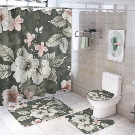 Vierteiliges Duschvorhangset mit hawaiianischem Blumenmuster, inklusive Badematte, U-förmiger Bodenmatte, WC-Sitzbezug und ovalem Teppich – wasserdicht.