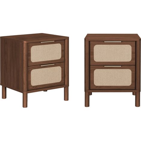 Lot de 2 tables de chevet vintage décor bois et cannage 2 tiroirs noyer - Etta (1/5)
