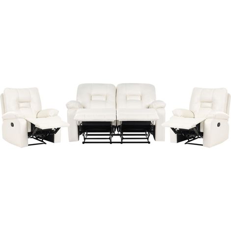 Ensemble de Salon Moderne en Cuir PU avec Canapés 2 Places et 2 Fauteuils Inclinable Manuellement Blanc Bergen