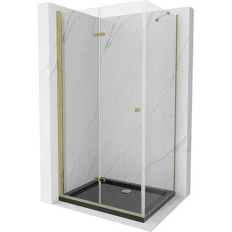 Mexen Lima klappbare Duschkabine 100 x 80 cm, Transparent, Gold + Duschwanne Flat, Schwarz - 856-100 (1/5)