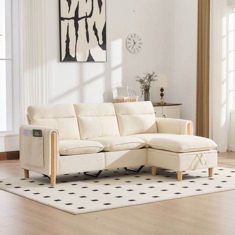Canapé d'angle 3 places 201x77x86 cm avec coffre de rangement, poche latérale et méridienne réversible, tissu chenille - beige (1/5)