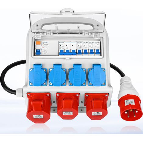 Répartiteur mural pré-câblé Distributeur de courant, 4x prises Schuko 230V + 2x CEE 16A + 1x CEE 32A, Distributeur de courant de chantier avec disjoncteur différentiel et disjoncteur de ligne (1/5)