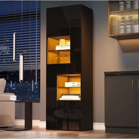 Vitrine (55 x 38 x 170 cm), mit 1 Schublade und 4 Schränken, LED Lichtstreifen, Hochglanz Front, Spanplatte, Schwarz (1/5)