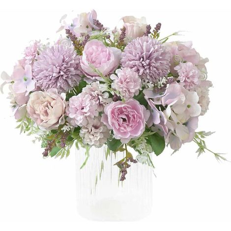Bouquet de fleurs artificielles, pivoine en soie, hortensia, œillets en plastique réalistes, composition florale pour centre de table mariage et décoration intérieure. (1/5)