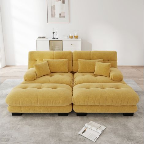 Canapé d'angle 220x145x81 cm en tissu chenille jaune, avec 2 ottomans, pour salon – MEUBLIV (1/5)