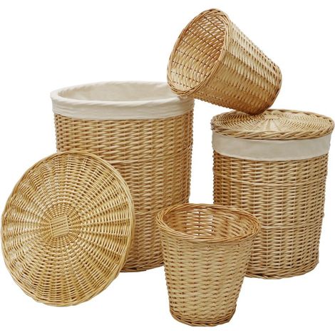 Acacia Set of 2 Round Laundry Willow Baskets with 2 Waste Paper Baskets, Honey Finish (1/4)