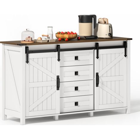 Buffet de Rangement Blanc 137 cm, Meuble de Cuisine avec Portes Coulissantes et 4 Tiroirs, Bahut Vintage Style Maison de Campagne pour Salle à Manger (1/5)