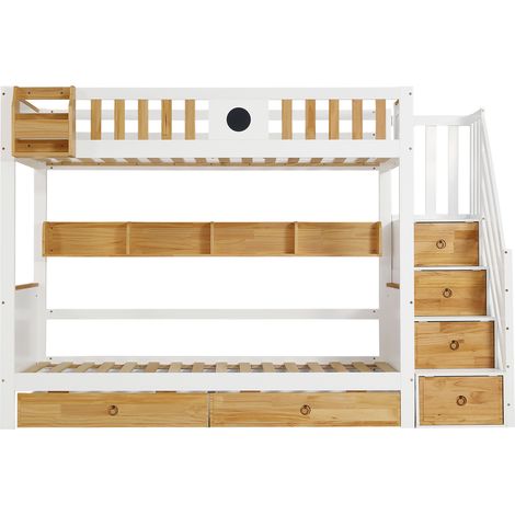 Cama alta con escalera de almacenaje 90 x 200 cm madera y MDF blanco y natural HOMVRA (1/5)