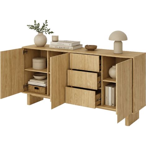 Anrichte Hasilo, Kommode mit 3 Schubladen, 3 Einlegeböden, Flügeltüren, 183x38x83h cm, Eichenholz Braun