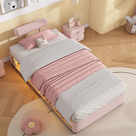 Lit enfant rembourré avec étagère LED 90x200cm,appuie-tête modulable 3 côtés,lit bas avec rangements,velours,rose (1/4)