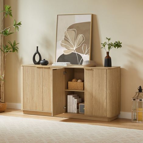 Buffet 160cm design ondulé vertical rangement meuble TV décoration chêne pour chambre salon couloir 160 x 80 x 40cm