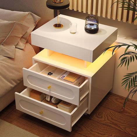 Chevet blanc avec éclairage LED, 2 tiroirs et espace de rangement ouvert - 50x40x60 cm (1/5)
