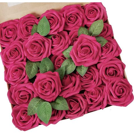 Bouquet de 25 roses artificielles réalistes avec tiges pour mariage, centres de table, fête de mariée, décoration intérieure (Fuchsia, lot de 25) (1/4)
