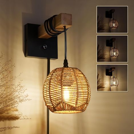 Applique murale vintage en rotin naturel – Lampe murale en bois et métal E27 avec interrupteur – Pour salon, chambre, couloir, salle à manger (1/5)