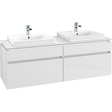 Meuble de rangement VB WTUS Legato B693 1600x550x500mm avec éclairage, 4 tiroirs pour 2 personnes, blanc brillant (1/3)