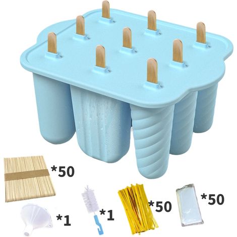 (Bleu) Moule à glace en silicone à 9 trous, comprend 50 bâtonnets de glace et une brosse de nettoyage. (1/5)
