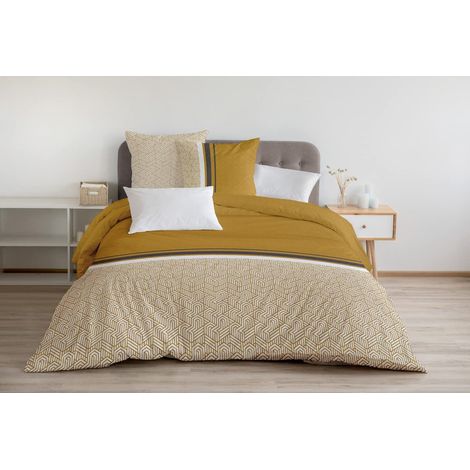 Parure de Couette 240x260 cm 100% Coton 57 Fils Housse + 2 Taies Motif Tilt Ocre Moutarde (1/5)