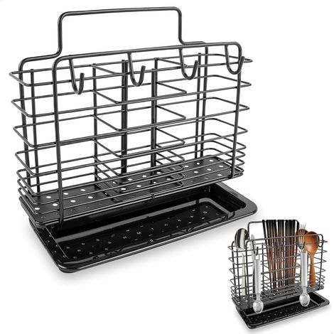 Pot a ustensile de Cuisine,Égouttoir à Couverts en Acier Inoxydable, 3 partitions pour Le Rangement Installation sans perçage, Montage Mural, Amovible, avec égouttoir (Noir) (1/5)
