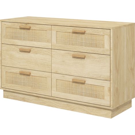 HOMCOM Cassettiera 6 Cassetti in Legno e Rattan Stile Boho 110x40x69 cm Rovere