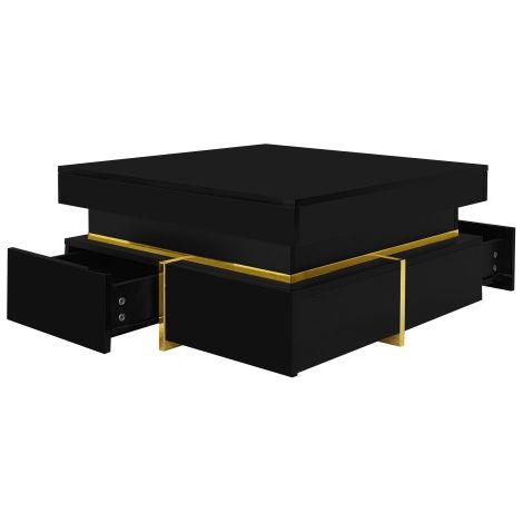 Table basse brillante noir et or, 2 tiroirs, rangement, 70x70x35,5 cm