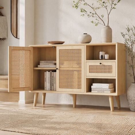 Credenza 120x40x80 cm con 1 cassetto, 2 ante magnetiche e rattan, rovere DESVIAE (1/5)