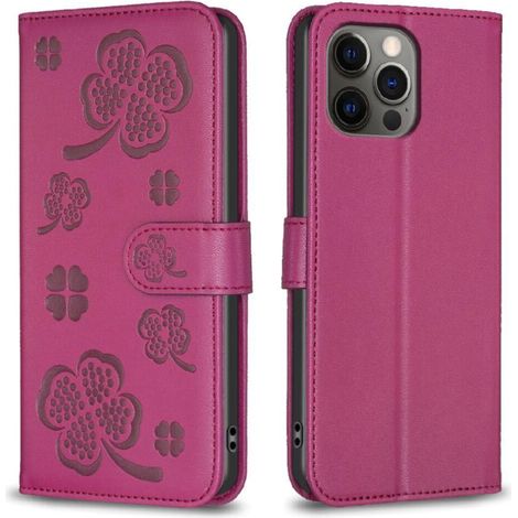 Custodia a libro per iPhone 12 Pro, decorata con un motivo a quadrifoglio, a portafoglio con scomparti per carte e funzione di supporto, realizzata in pelle PU, disponibile in diversi colori. (1/2)