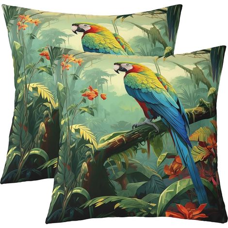 Lot de 2 Housse de Coussin Enfant Perroquet 3D Taie d'oreiller 60x60 Oiseaux Arc-en-Ciel, Housse Coussin Palmier Vert Taie Oreiller Animaux de Compagnie Décoration de Chambre (1/5)