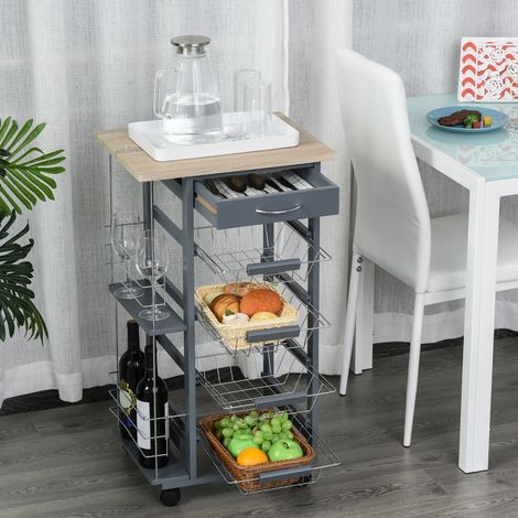 Chariot de cuisine gris foncé avec 1 tiroir et 4 paniers métalliques