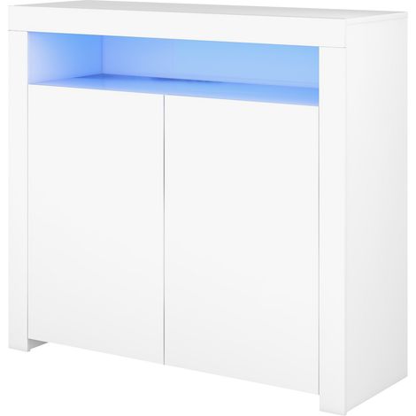 Buffet blanc brillant avec éclairage LED, buffet moderne à deux portes, rangement ouvert et caché pour salon, 108 x 40 x 92 cm (1/5)