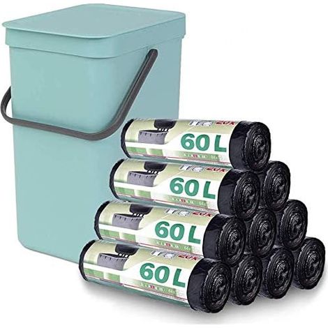 10 Rouleaux de 20 Sacs Poubelle 60L, Poignées Coulissantes, Sacs Poubelle Résistants pour Poubelles Hautes, Cuisine Salon, Ultra Résistant, Anti-Fuites, 64 x 71CM- Noir (1/5)