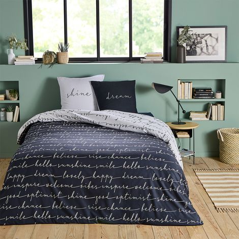 Parure de lit 2 personnes en microfibre 260x240 cm – Housse de couette réversible noir et blanc – Taies d'oreiller 63x63 cm – Lavable à 30°C – Future Home