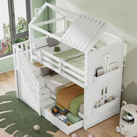 Lit Superposé 90x200 - Rangement Tiroirs - lit Superposé Enfant - Design Cabane, Escalier, Étagères et Bois Blanc (1/5)
