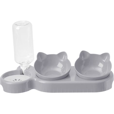 Grey Pet Feeder 15°Tilt 3-in-1 Cat Double Food Bowls with Automatic Water Bottle Bowl (1/5)