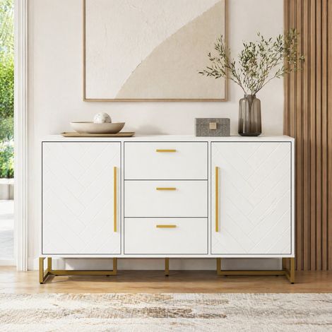 Aparador moderno 145x40x75 cm con 2 puertas y 3 cajones, baldas regulables, MDF y blanco (1/5)