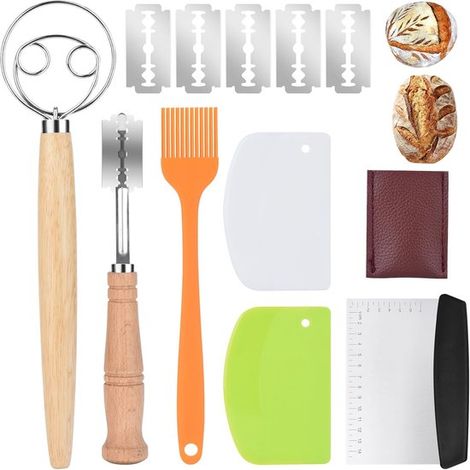 Juego para hornear pan con cesta para fermentar, accesorios, removedor de harina de acero inoxidable y cuchillo para cortar pan. (1/5)